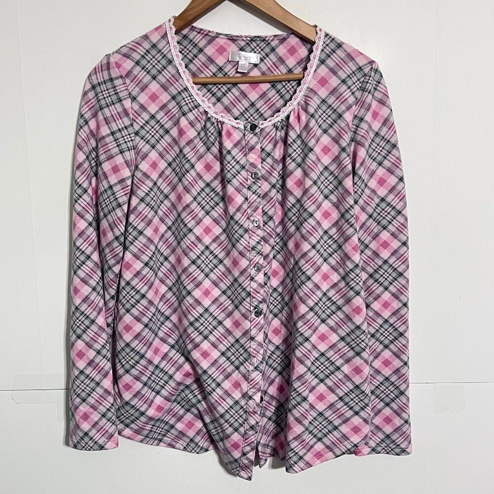 Secret Treasures Womens Flannel Henley Shirt Size S (4-6) Pink Plaid Button Up